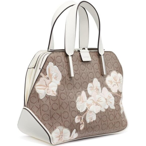 Women's Leather Satchel Triple Compartment Almond Floral Zipper Closure - Picture 6 of 8